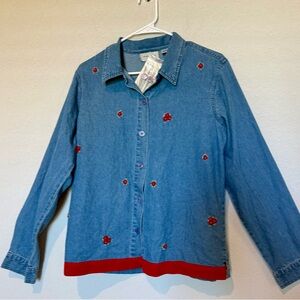 LEMON GRASS Vintage Women Shirt Retro Denim Button Down with Red Accents M